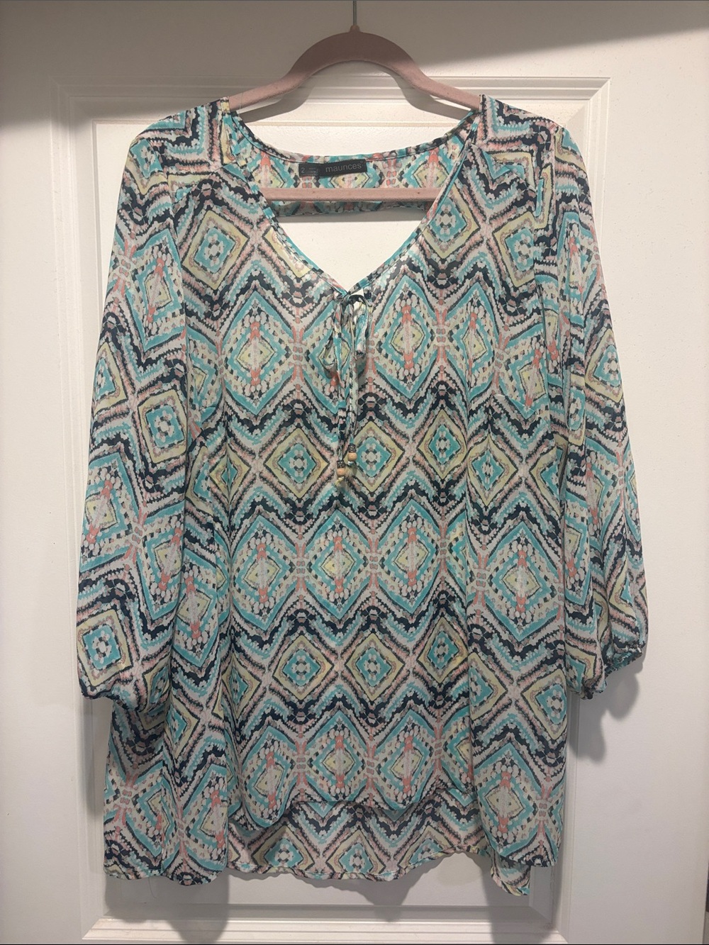 Lightweight Teal Geometric Peasant Top - Women